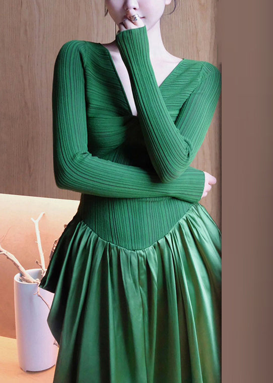 French Green V Neck High Waist Patchwork Knit Dress Long Sleeve AS1063