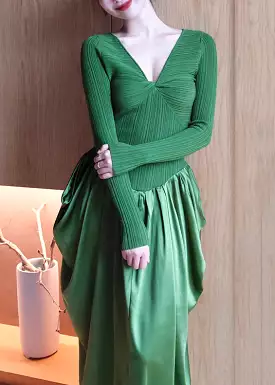 French Green V Neck High Waist Patchwork Knit Dress Long Sleeve AS1063