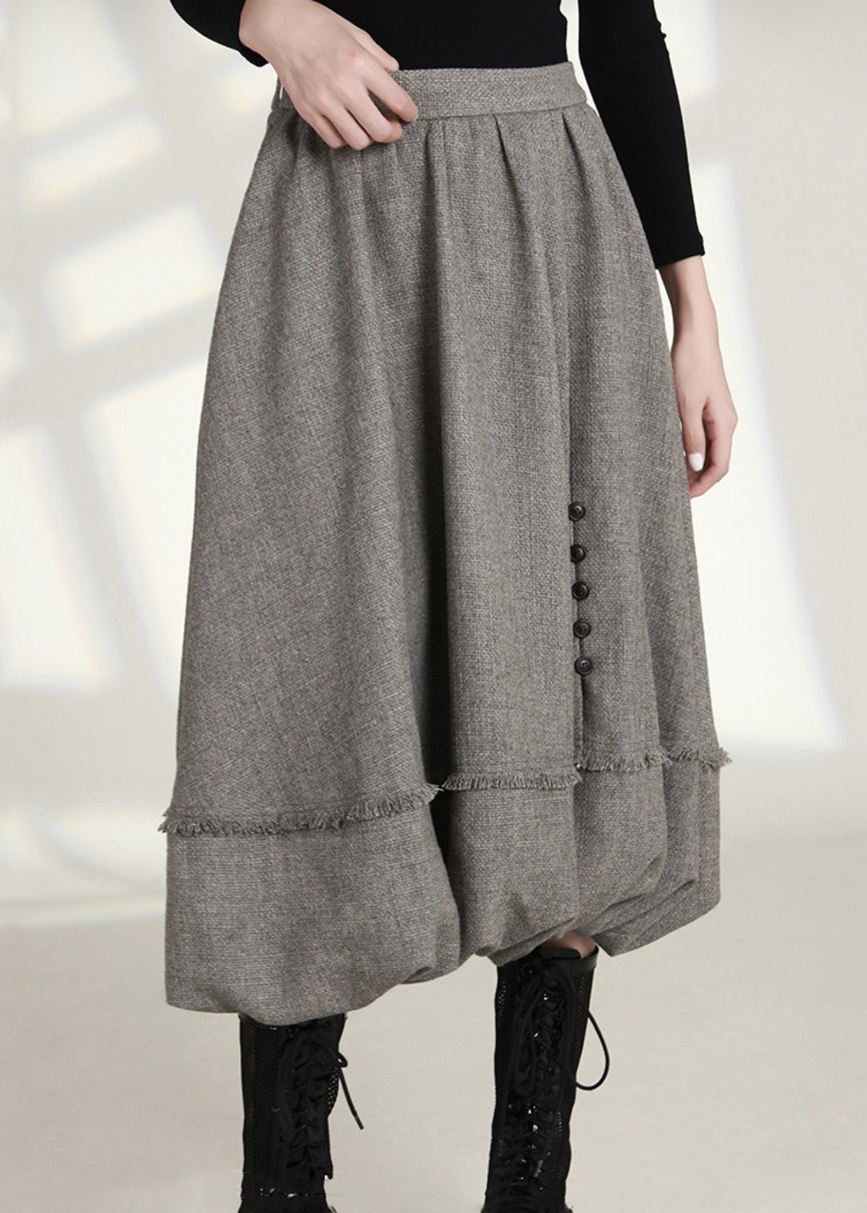 French Grey Cotton Skirts - High Waist, Zippered Pockets - Spring AS1006