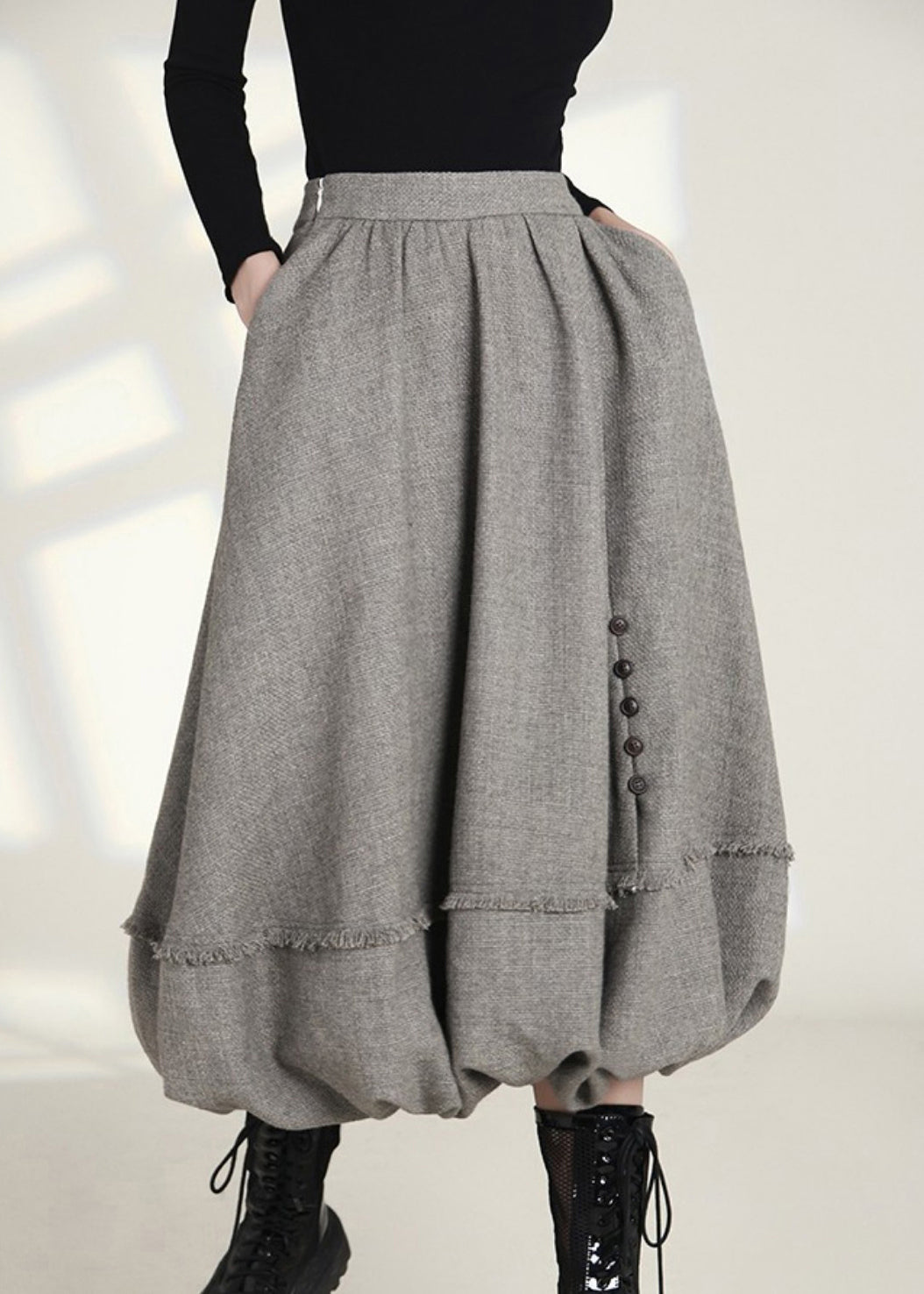 French Grey Cotton Skirts - High Waist, Zippered Pockets - Spring AS1006