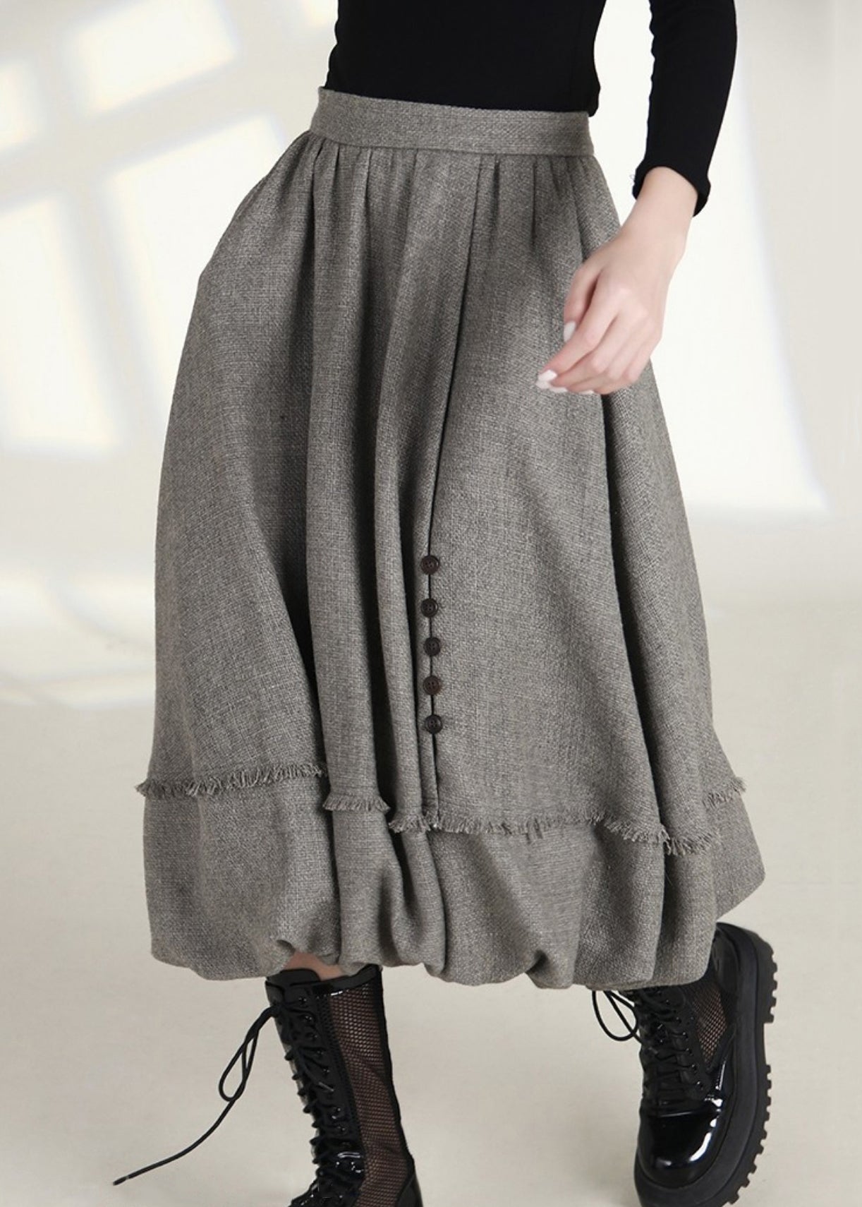 French Grey Cotton Skirts - High Waist, Zippered Pockets - Spring AS1006