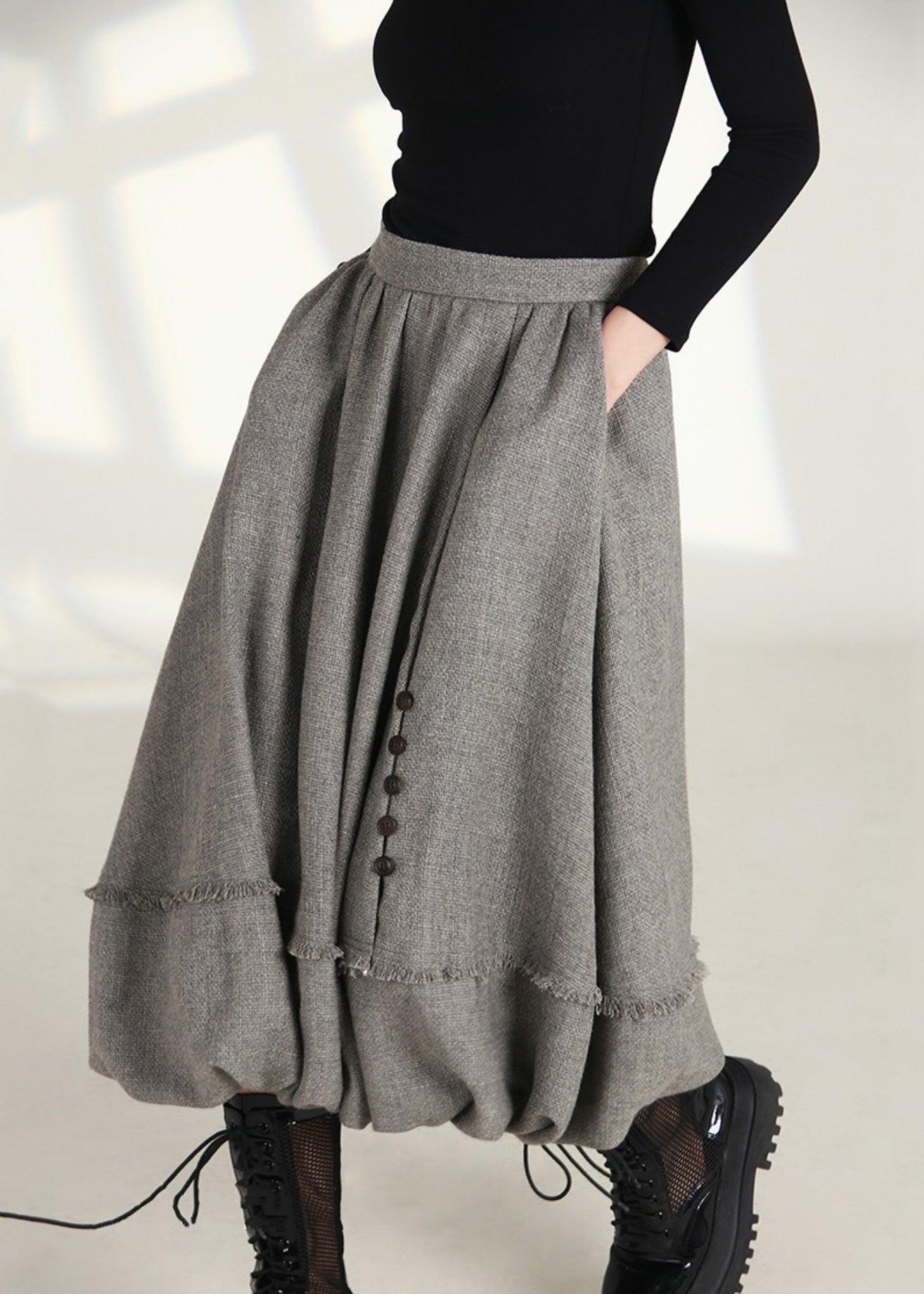 French Grey Cotton Skirts - High Waist, Zippered Pockets - Spring AS1006