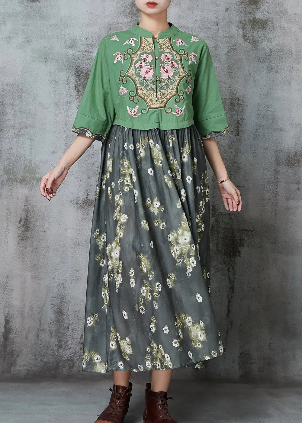 Green Patchwork Cotton Vacation Dresses JK1043