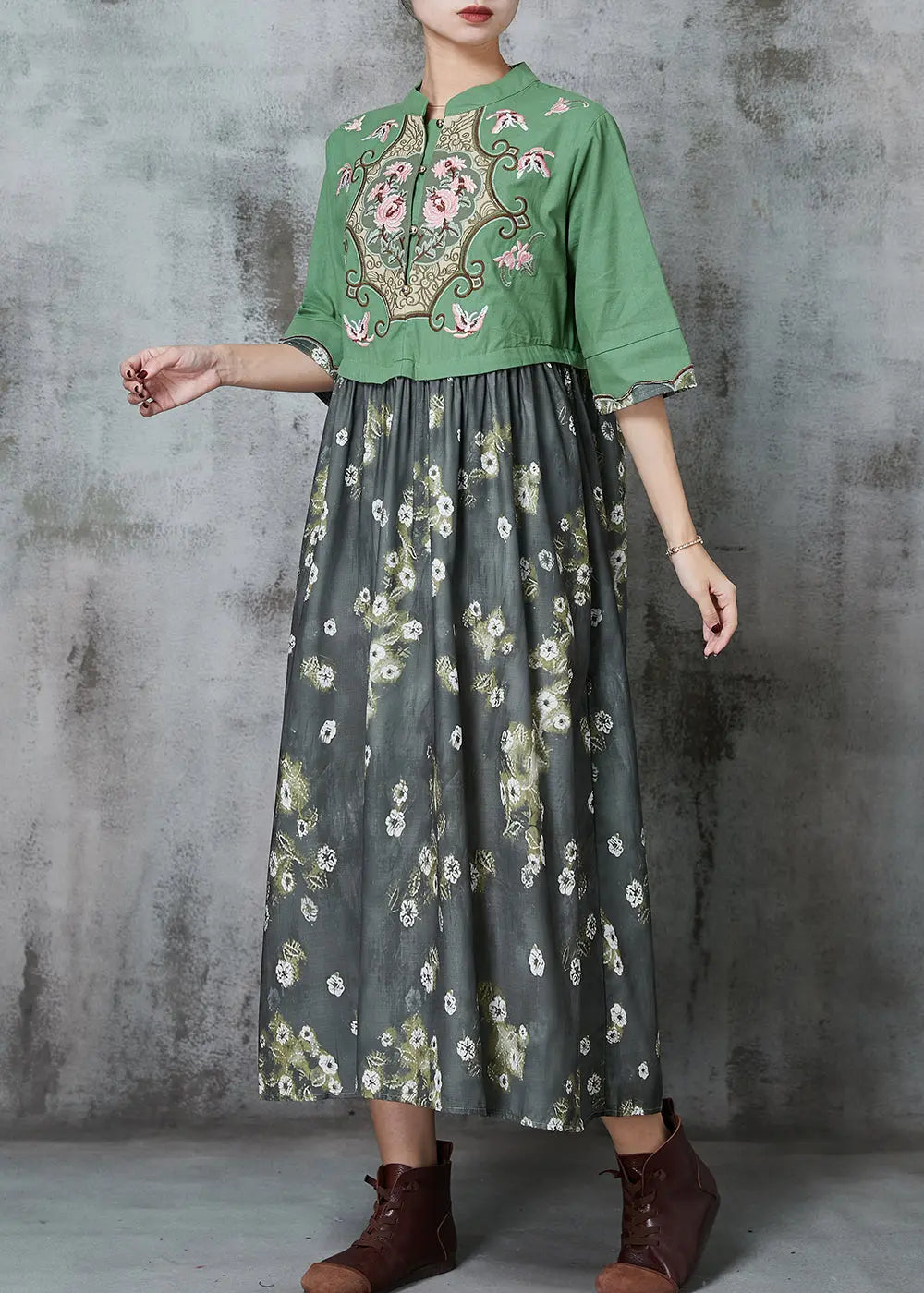 Green Patchwork Cotton Vacation Dresses JK1043