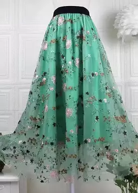 Handcrafted Green Embroidered Tulle Skirts with Elastic Waist - Spring Collection HA1014