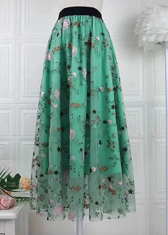 Handcrafted Green Embroidered Tulle Skirts with Elastic Waist - Spring Collection HA1014