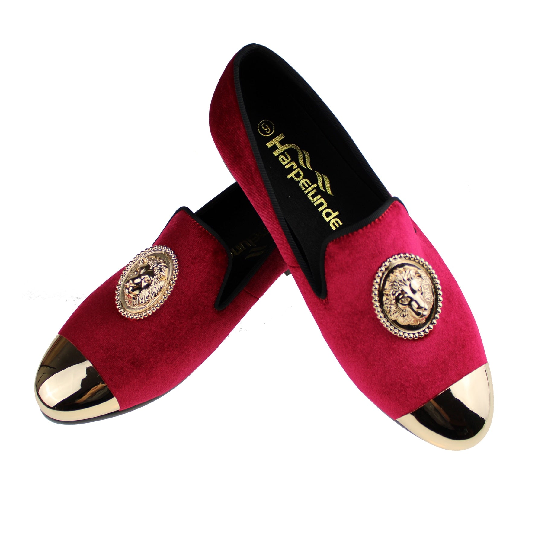 Harpelunde Handmade Red Dress Wedding Shoes with Lion Buckle, Velvet, and Copper Cap Toe Loafer.