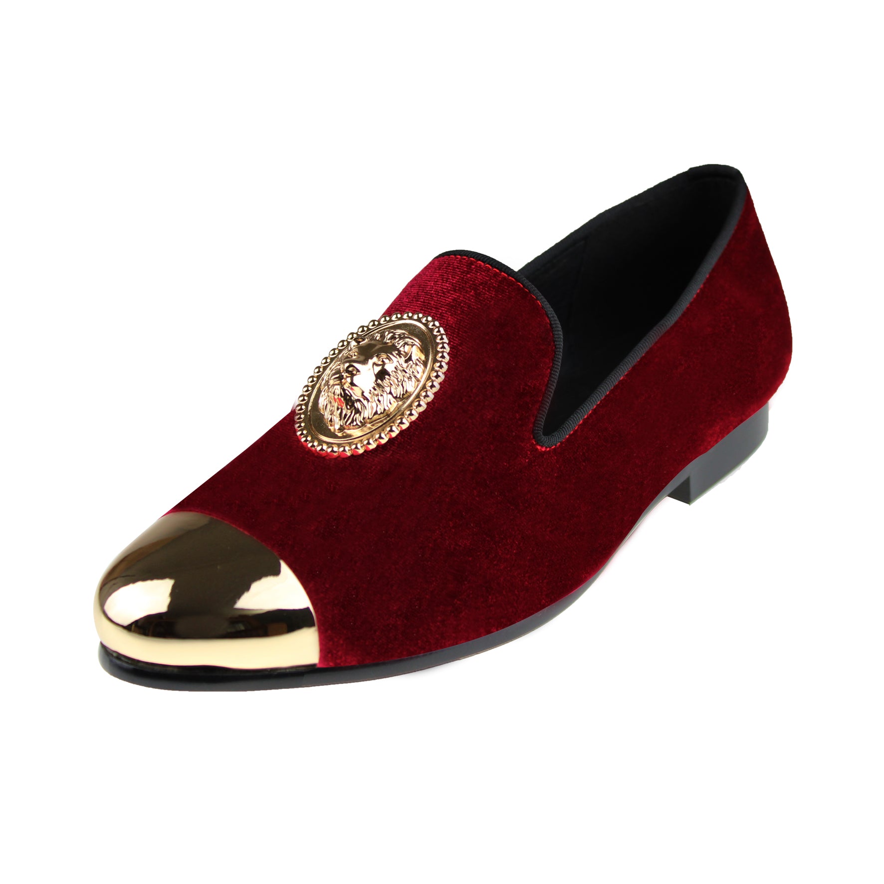 Harpelunde Handmade Red Dress Wedding Shoes with Lion Buckle, Velvet, and Copper Cap Toe Loafer.