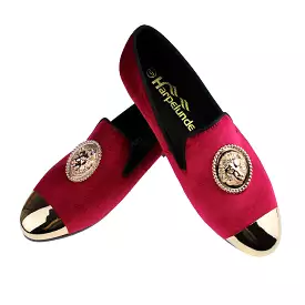 Harpelunde Handmade Red Dress Wedding Shoes with Lion Buckle, Velvet, and Copper Cap Toe Loafer.