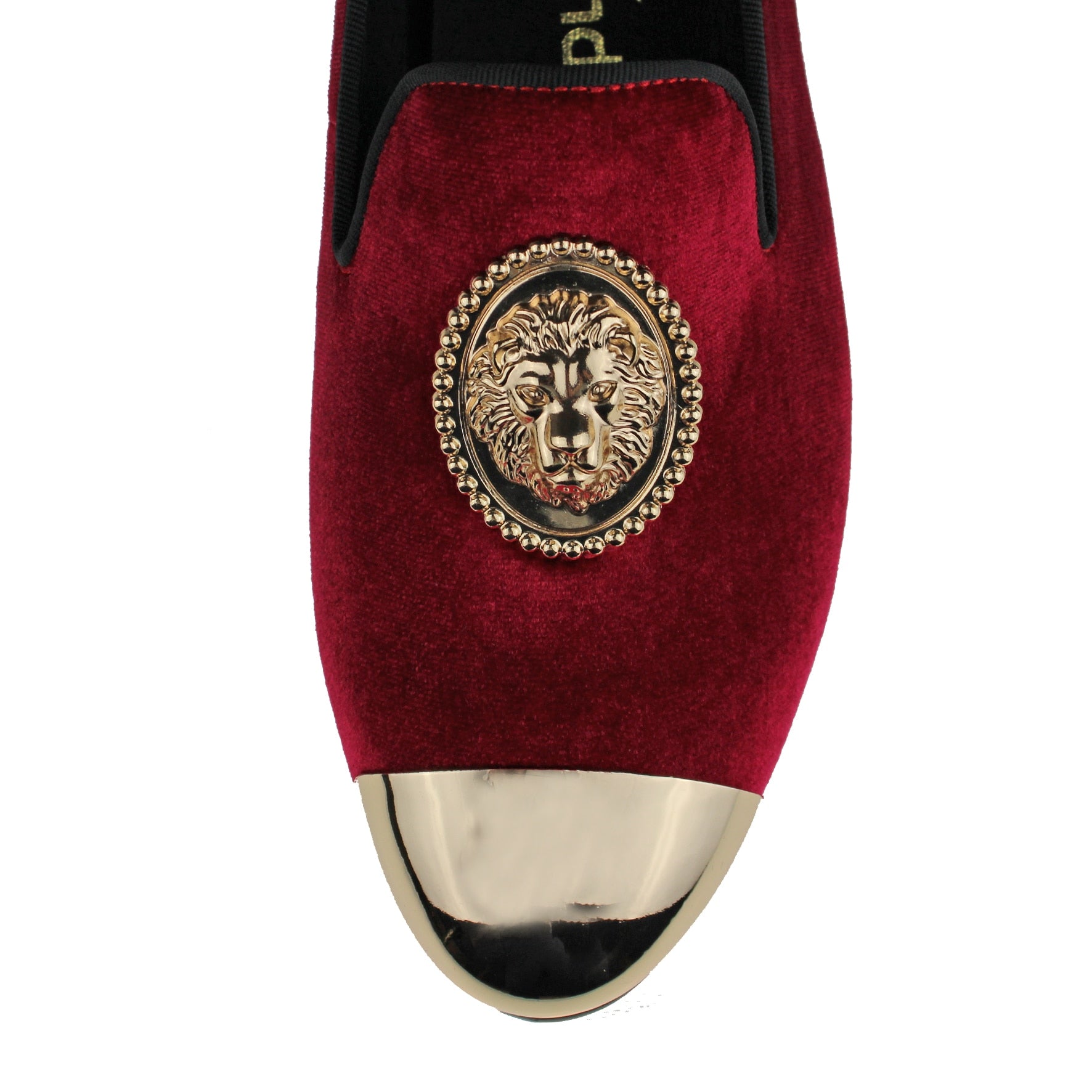 Harpelunde Handmade Red Dress Wedding Shoes with Lion Buckle, Velvet, and Copper Cap Toe Loafer.