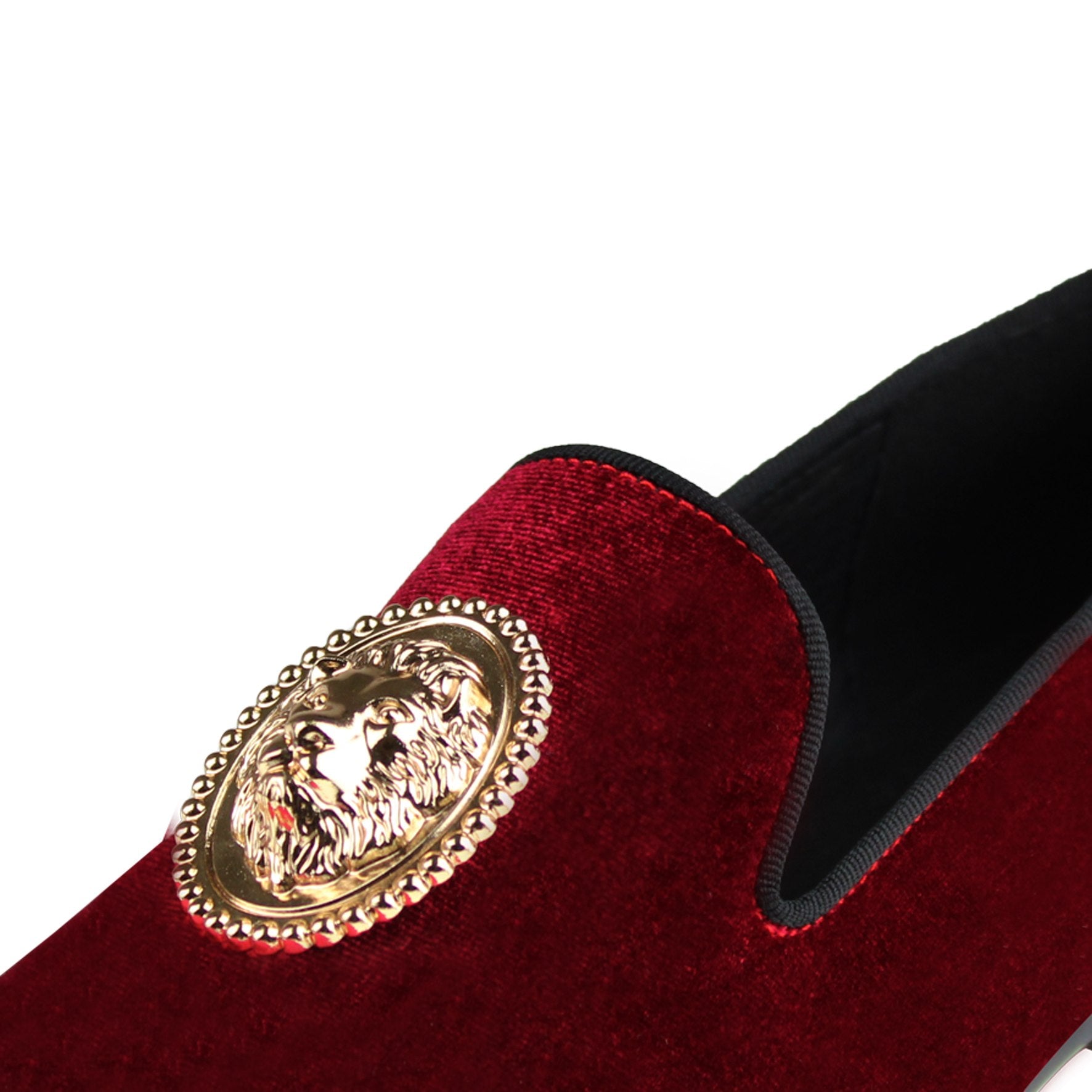 Harpelunde Handmade Red Dress Wedding Shoes with Lion Buckle, Velvet, and Copper Cap Toe Loafer.