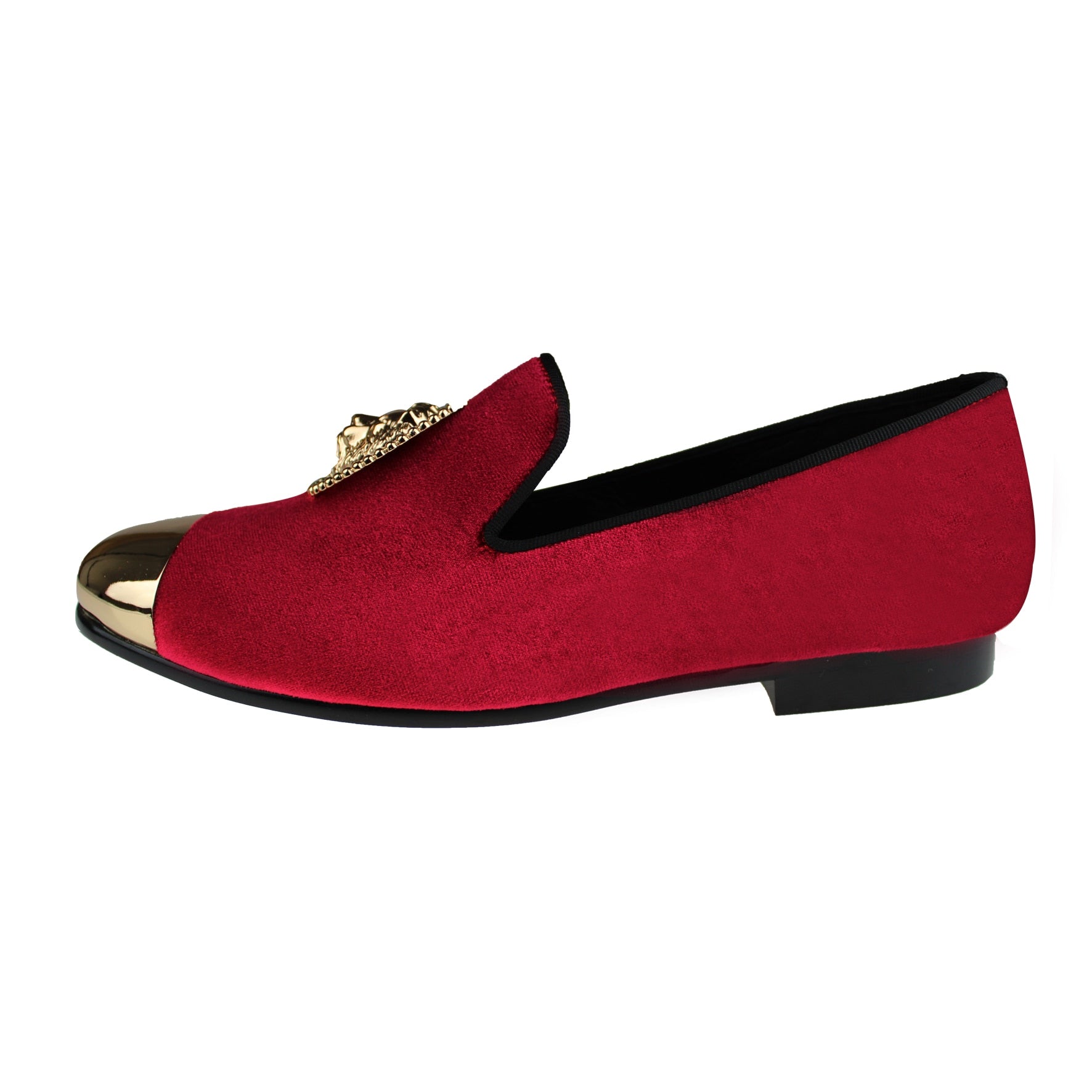 Harpelunde Handmade Red Dress Wedding Shoes with Lion Buckle, Velvet, and Copper Cap Toe Loafer.