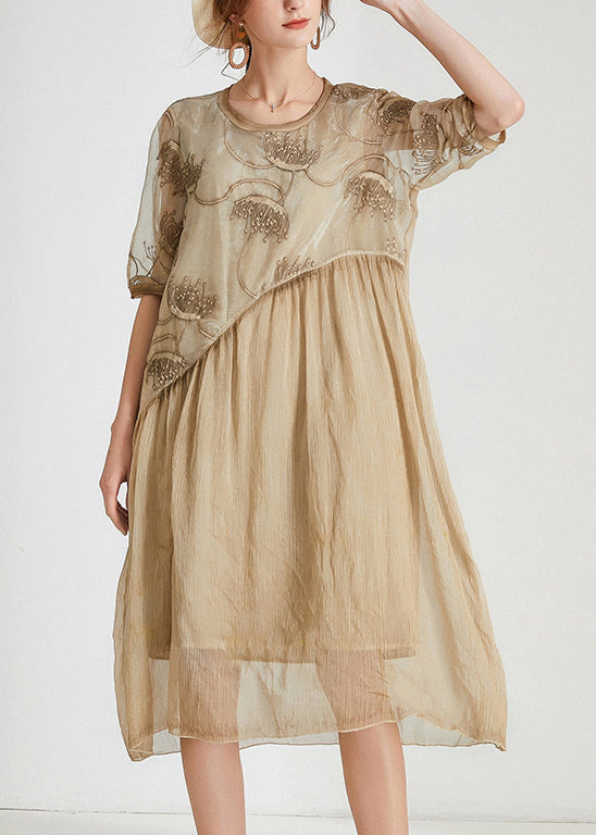 Khaki Patchwork Chiffon Long Dresses - Trendy O Neck Short Sleeve | Shop Now AB1027