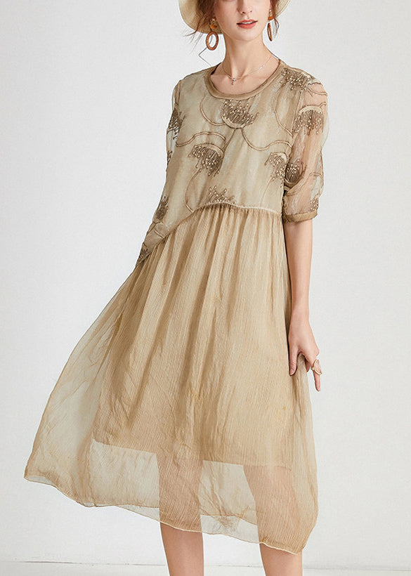 Khaki Patchwork Chiffon Long Dresses - Trendy O Neck Short Sleeve | Shop Now AB1027