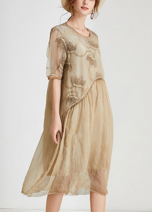 Khaki Patchwork Chiffon Long Dresses - Trendy O Neck Short Sleeve | Shop Now AB1027