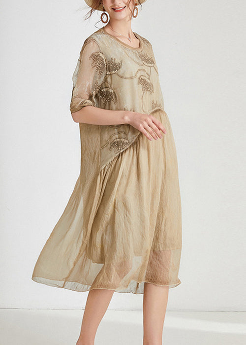 Khaki Patchwork Chiffon Long Dresses - Trendy O Neck Short Sleeve | Shop Now AB1027