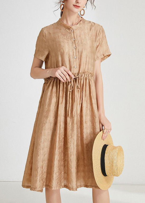 Khaki silk dresses with button lace up, o neck, and short sleeves - AB1018