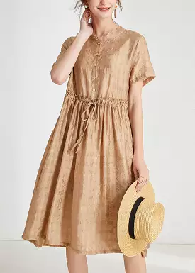 Khaki silk dresses with button lace up, o neck, and short sleeves - AB1018