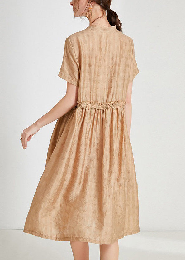 Khaki silk dresses with button lace up, o neck, and short sleeves - AB1018