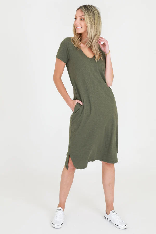 Khaki V Neck Dress - Heidi