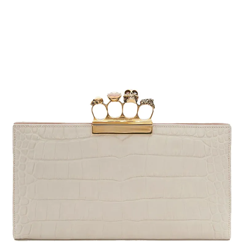 Large Croc White Bone/Gold 4 Ring Clutch