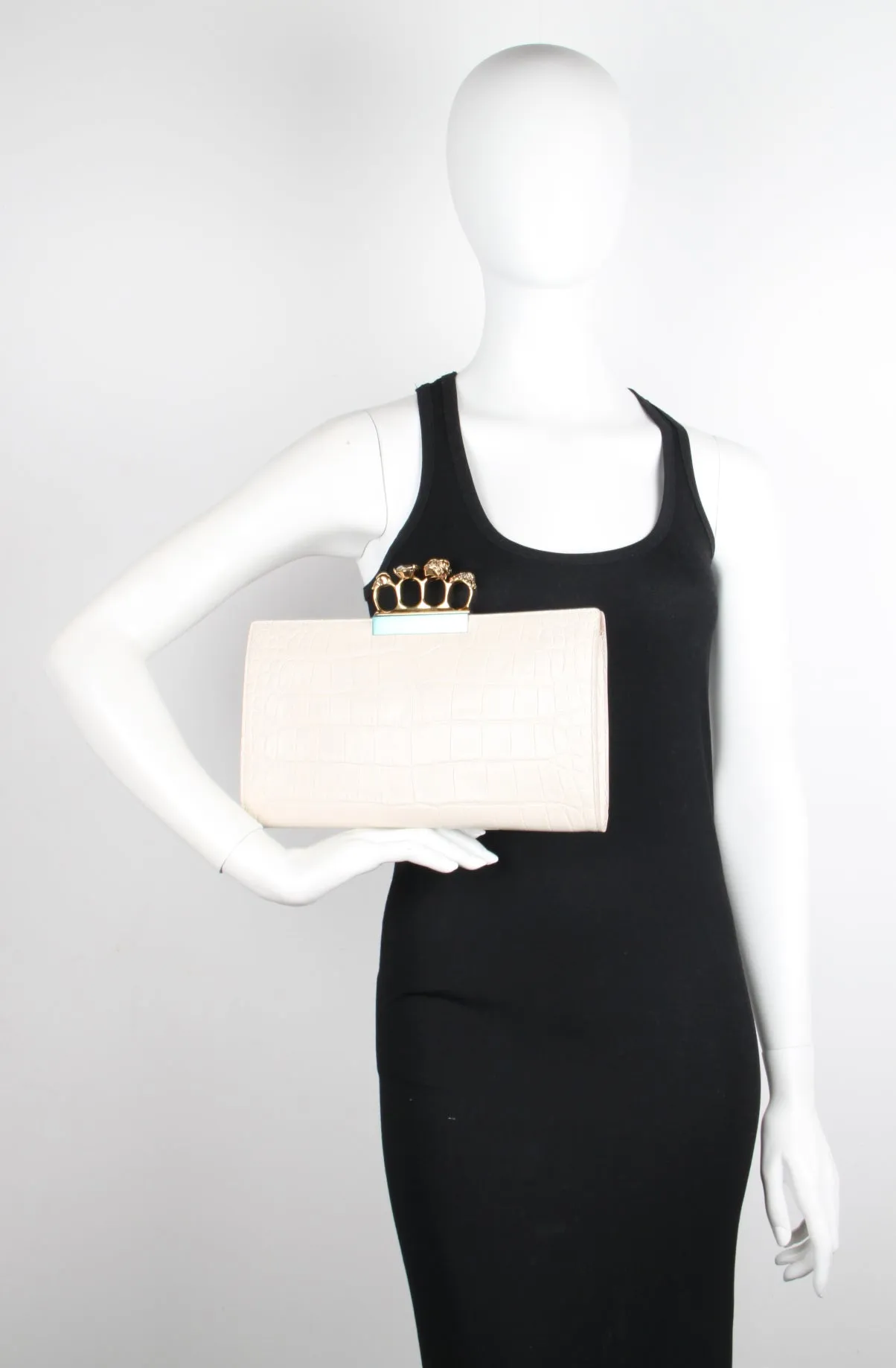 Large Croc White Bone/Gold 4 Ring Clutch