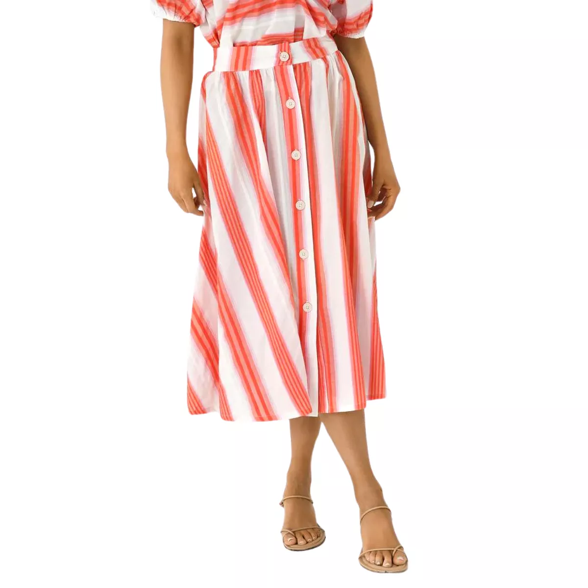 Never Wallflower Button Down Skirt - Pink Orange Stripe