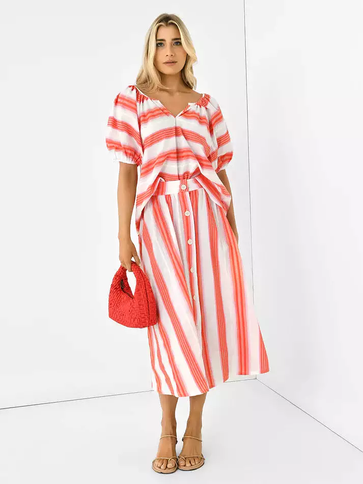 Never Wallflower Button Down Skirt - Pink Orange Stripe