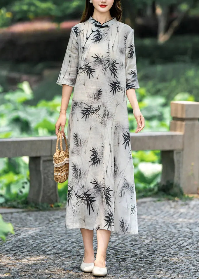 New Light Gray Stand Collar Button Print Linen Dresses Half Sleeve - CG1048