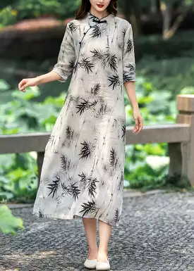 New Light Gray Stand Collar Button Print Linen Dresses Half Sleeve - CG1048