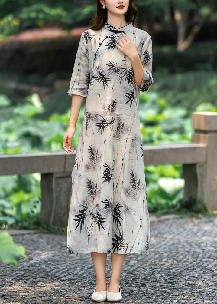 New Light Gray Stand Collar Button Print Linen Dresses Half Sleeve - CG1048