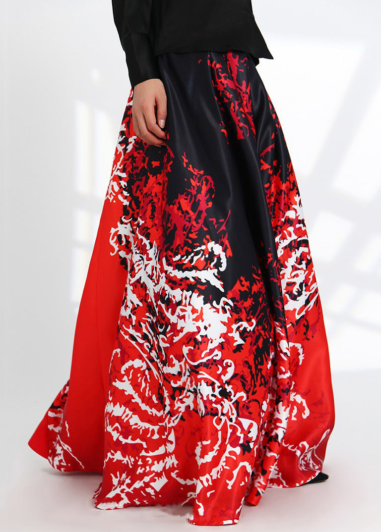 new red high waist silk skirt with print pockets spring AS1051