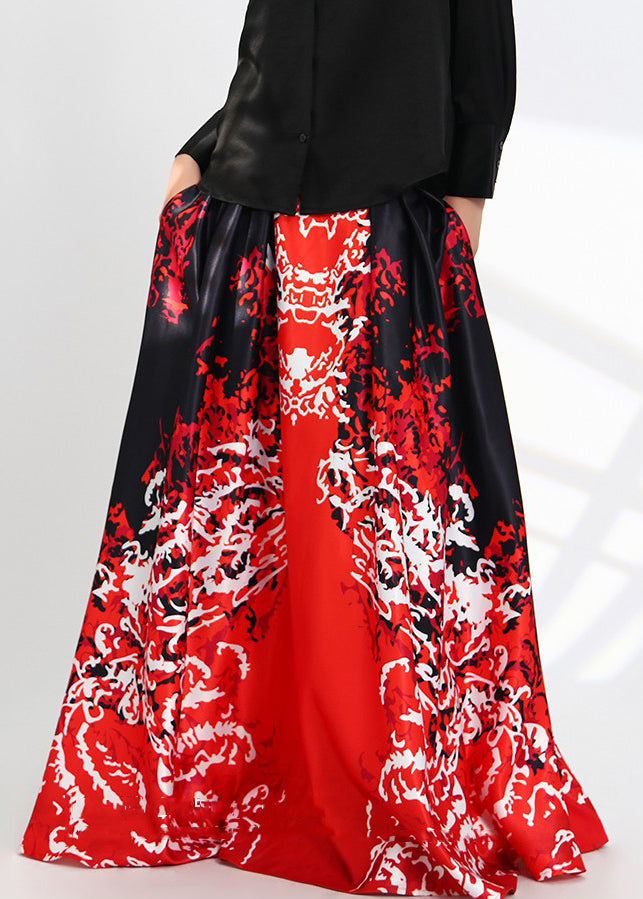 new red high waist silk skirt with print pockets spring AS1051