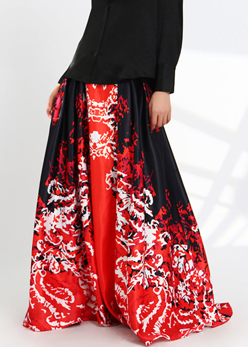 new red high waist silk skirt with print pockets spring AS1051