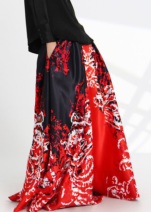 new red high waist silk skirt with print pockets spring AS1051