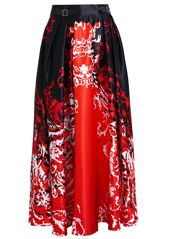 new red high waist silk skirt with print pockets spring AS1051