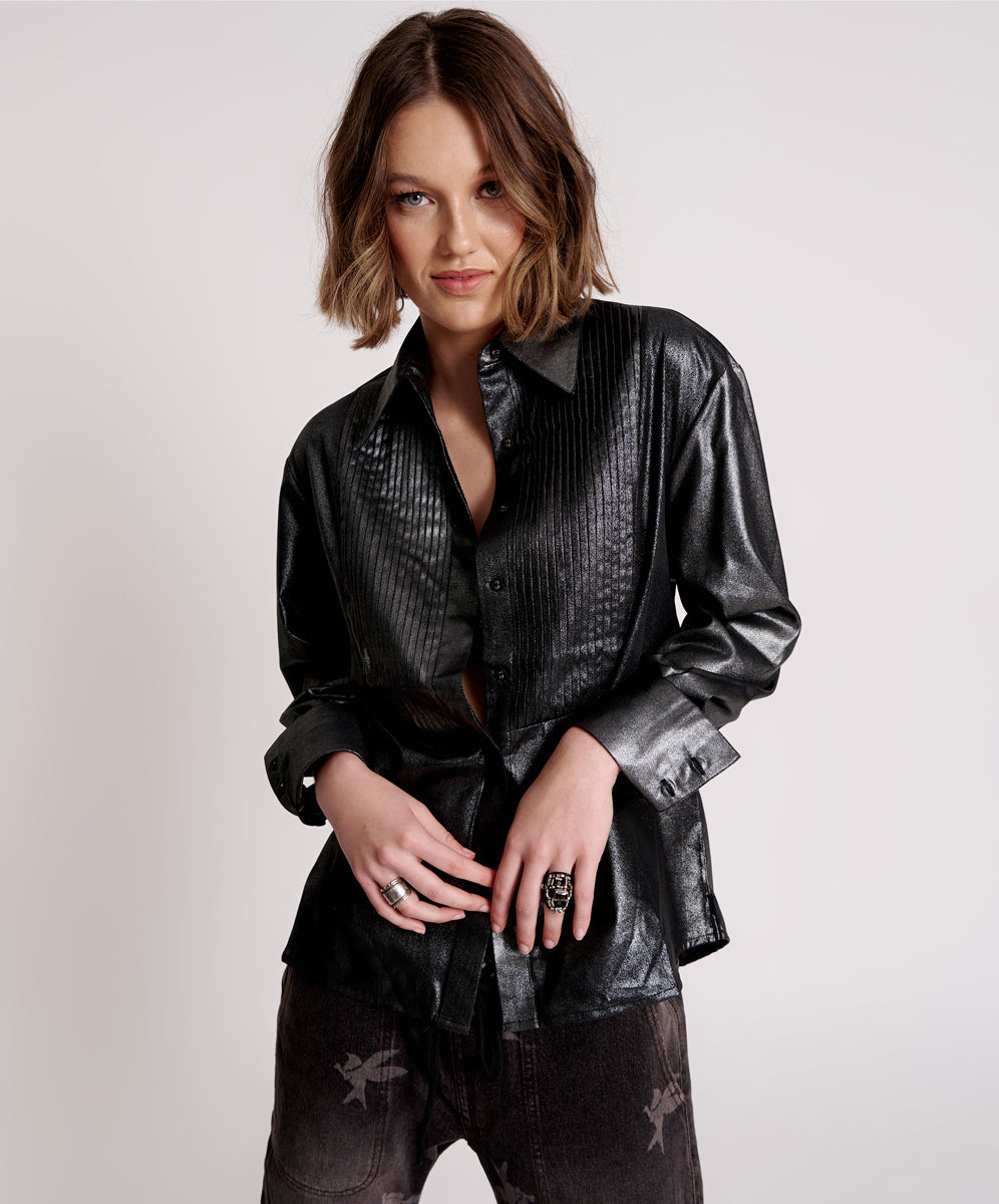 One Teaspoon Metallic Tuxedo Shirt Silver