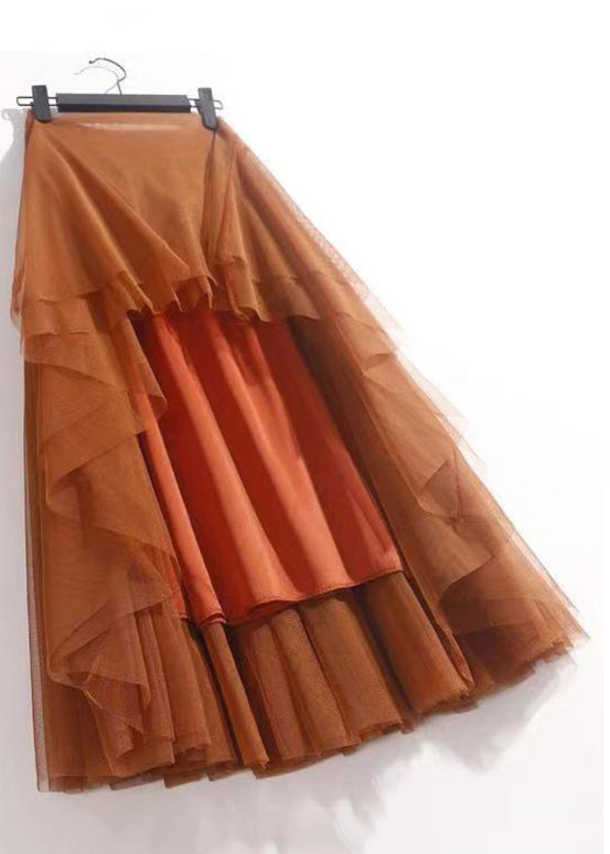 Orange Wrinkled Tulle Summer Skirts High Waist AS1050