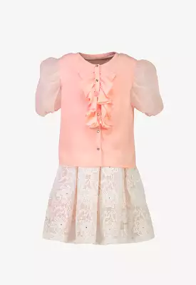 Organza Ruffle Puff Blouse and Pleated Lace Skirts - Set for Women.