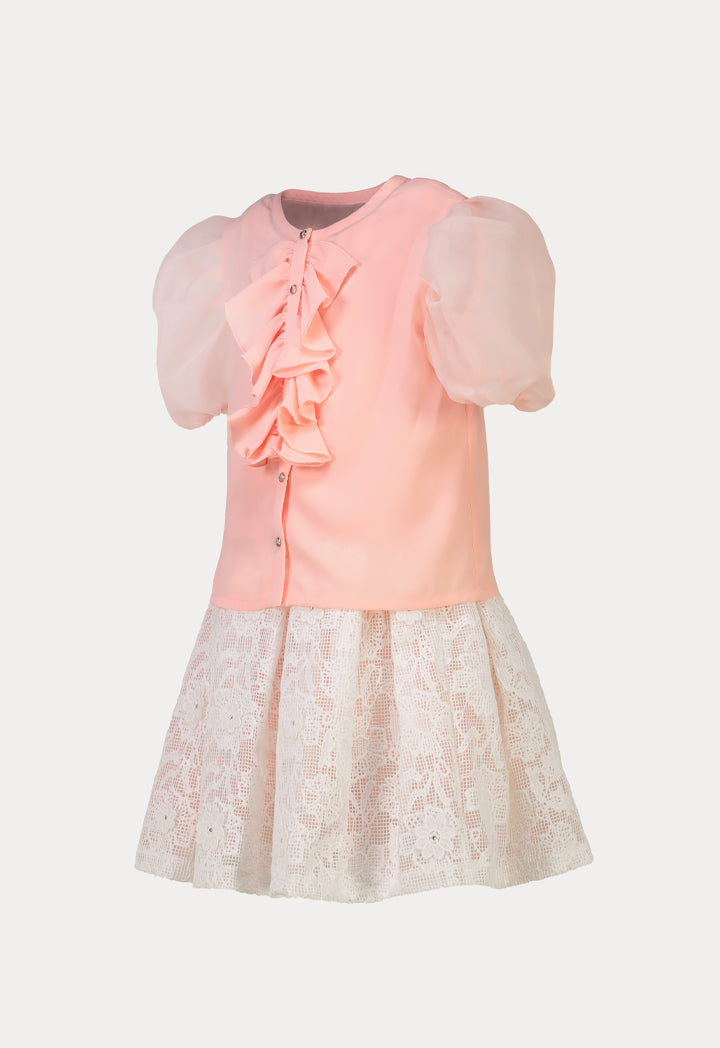 Organza Ruffle Puff Blouse and Pleated Lace Skirts - Set for Women.