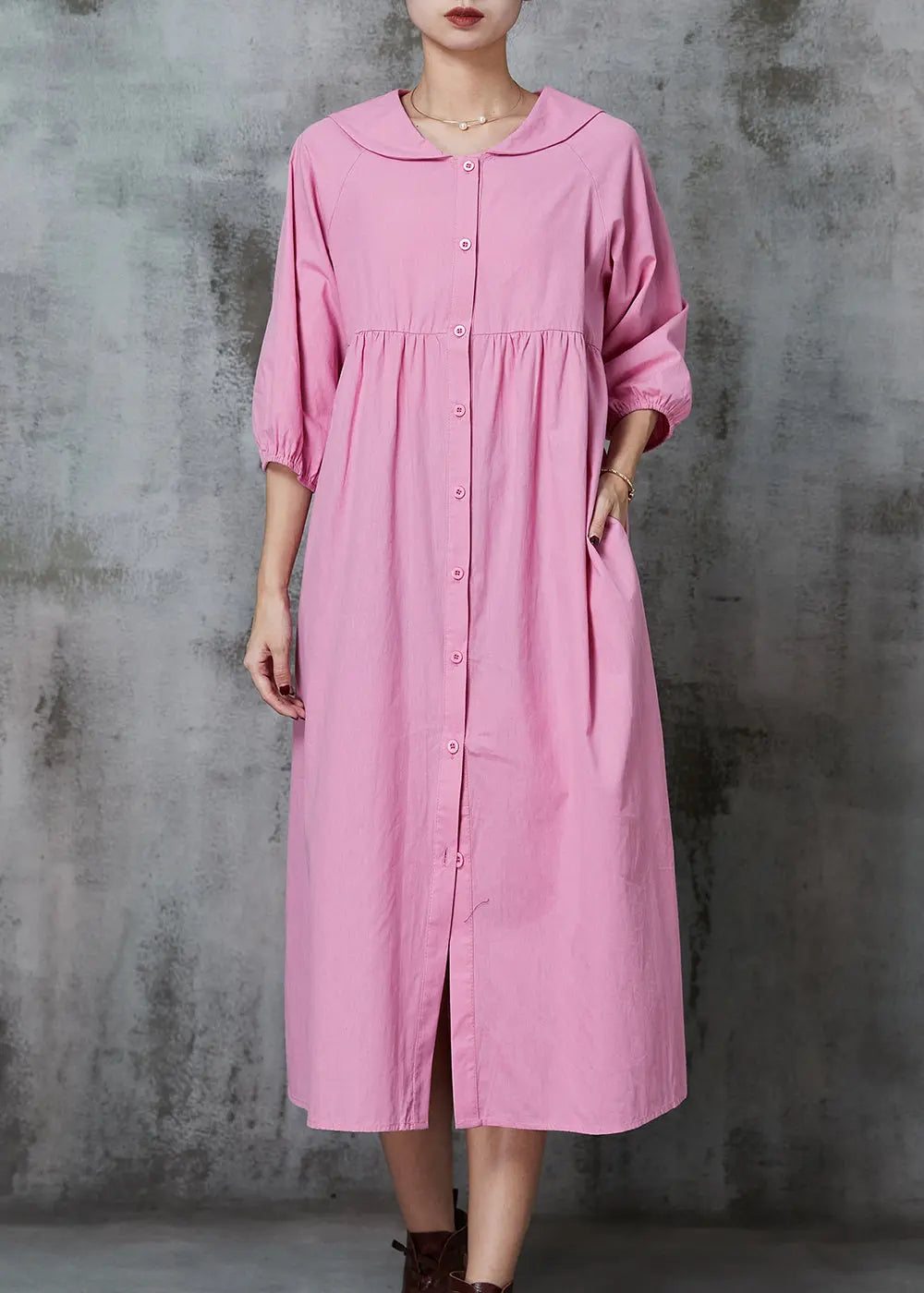 Pink Cotton Long Dresses Oversized Button Down Half Sleeve JK1009.