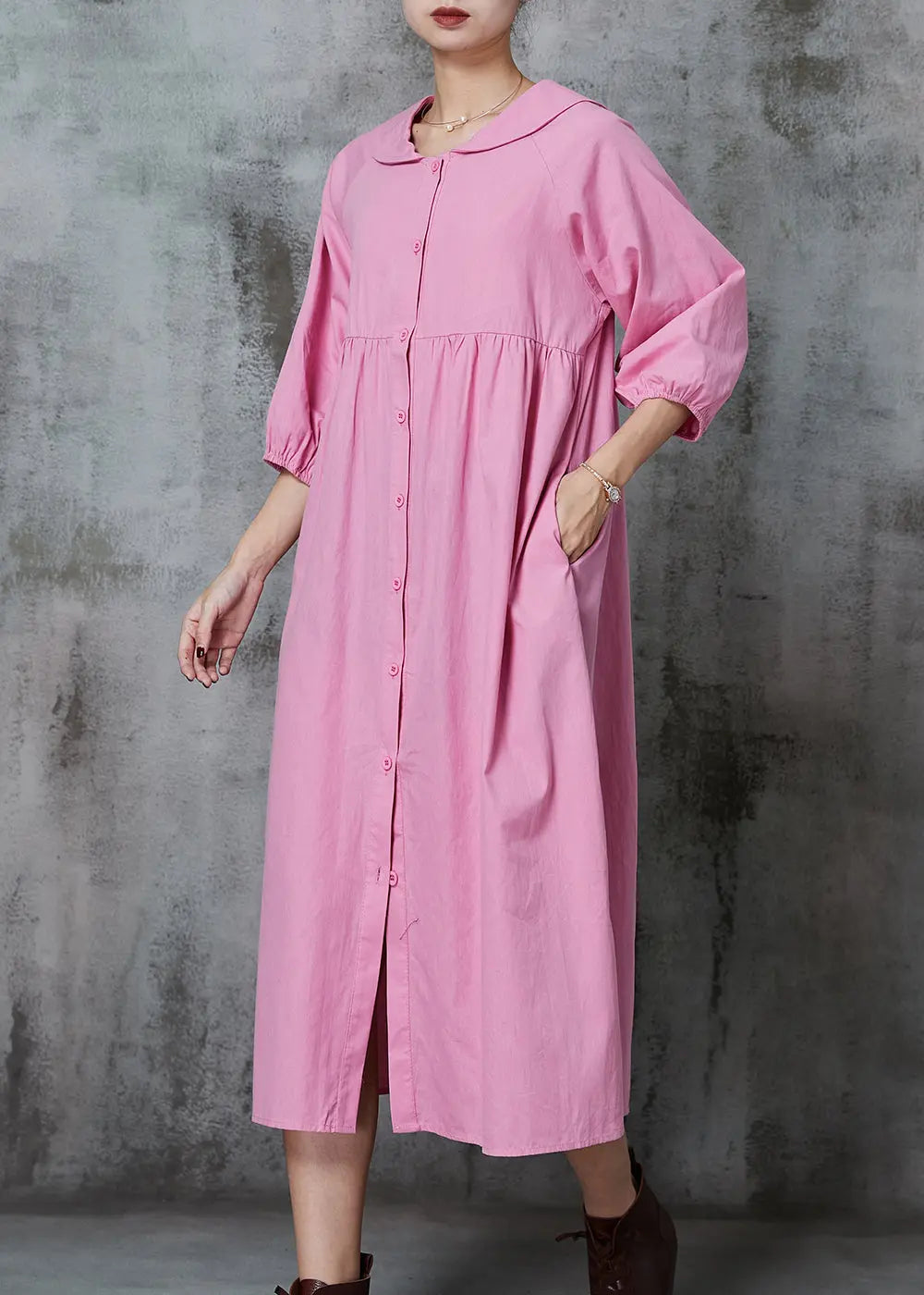 Pink Cotton Long Dresses Oversized Button Down Half Sleeve JK1009.