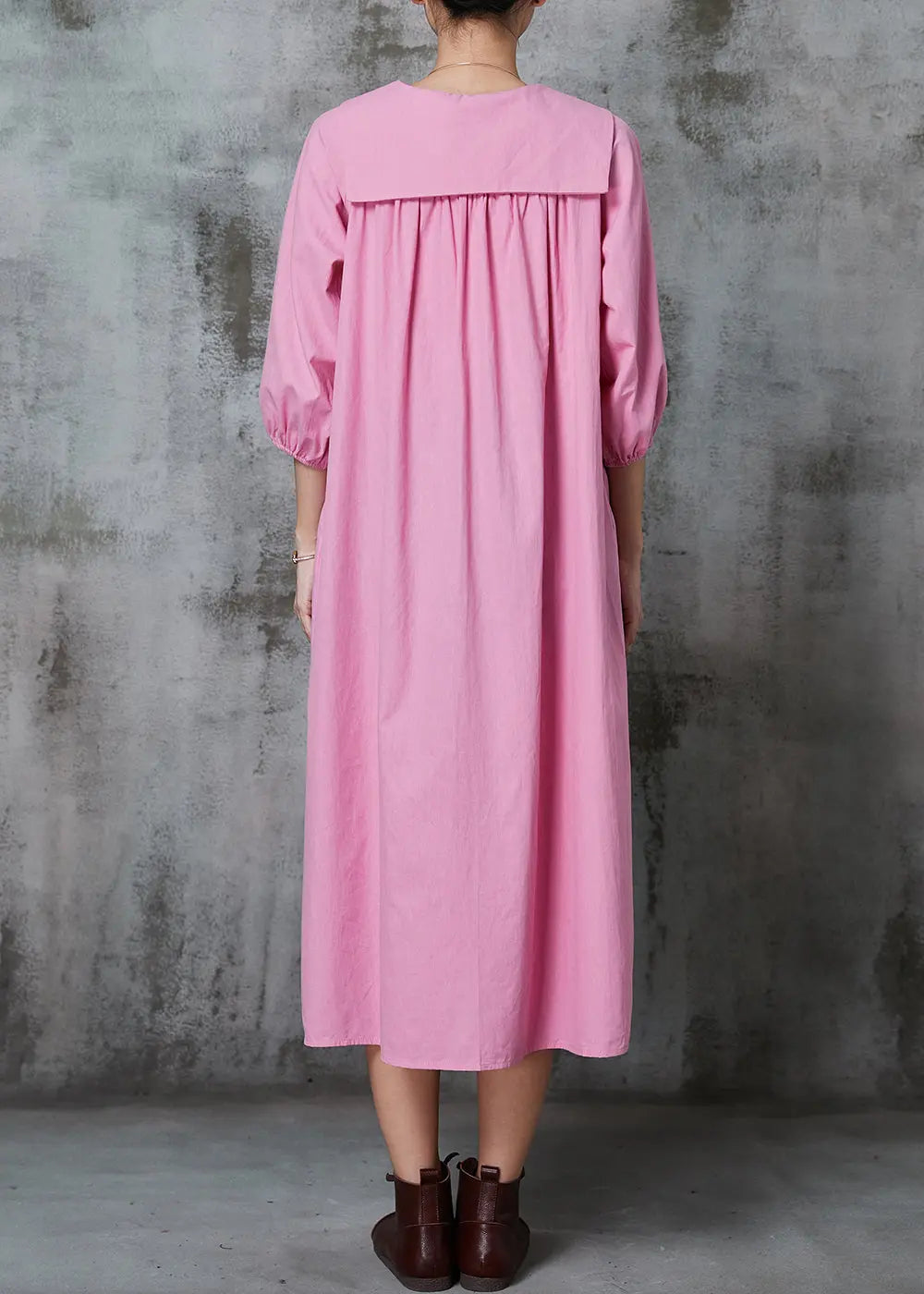 Pink Cotton Long Dresses Oversized Button Down Half Sleeve JK1009.