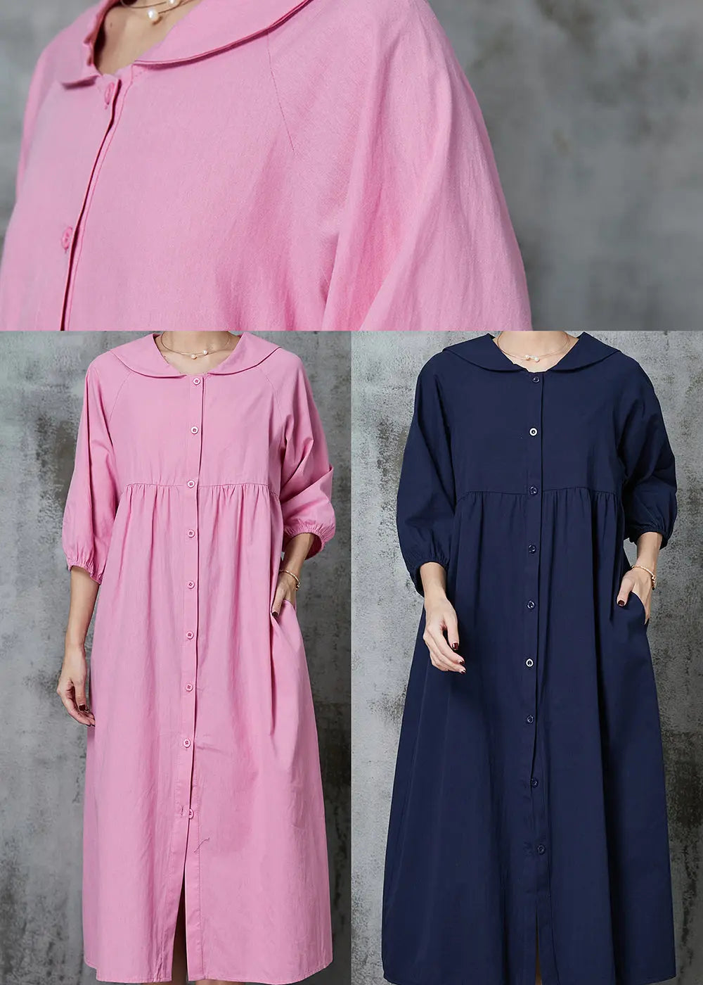 Pink Cotton Long Dresses Oversized Button Down Half Sleeve JK1009.