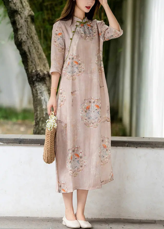 Pink linen long dresses with side open print, stand collar for summer CG1006.