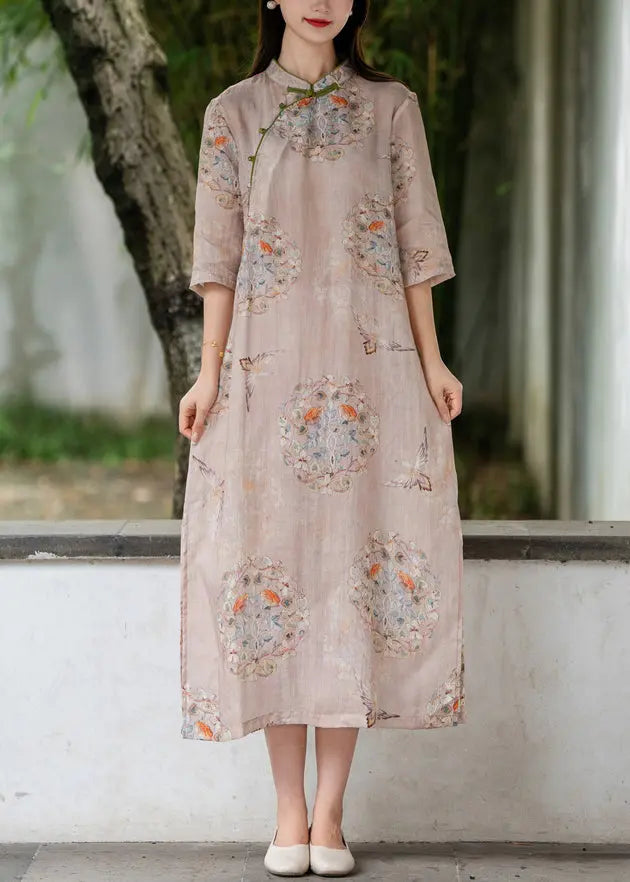 Pink linen long dresses with side open print, stand collar for summer CG1006.