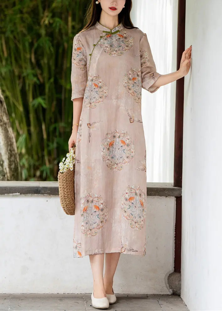 Pink linen long dresses with side open print, stand collar for summer CG1006.