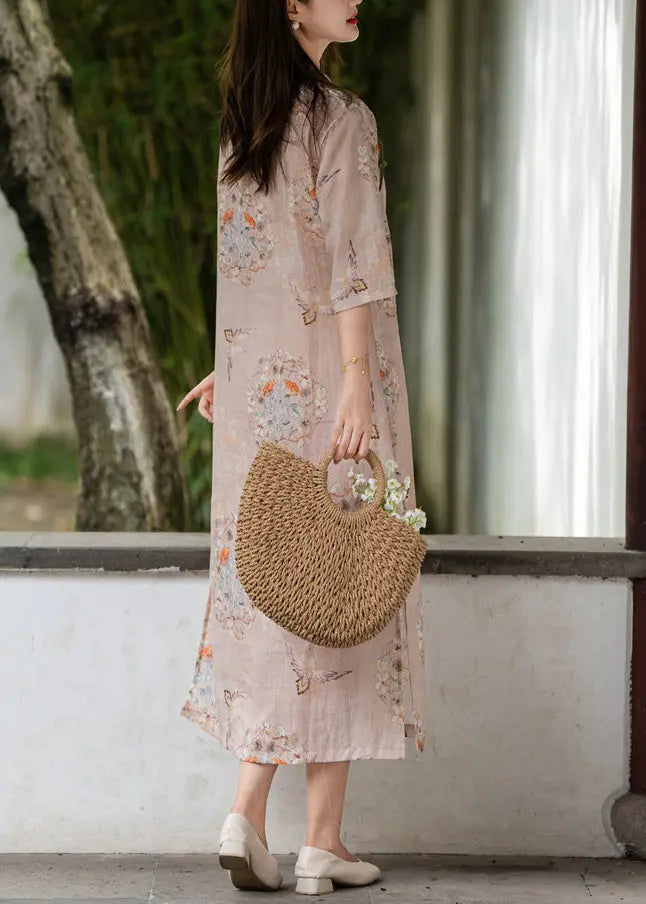 Pink linen long dresses with side open print, stand collar for summer CG1006.