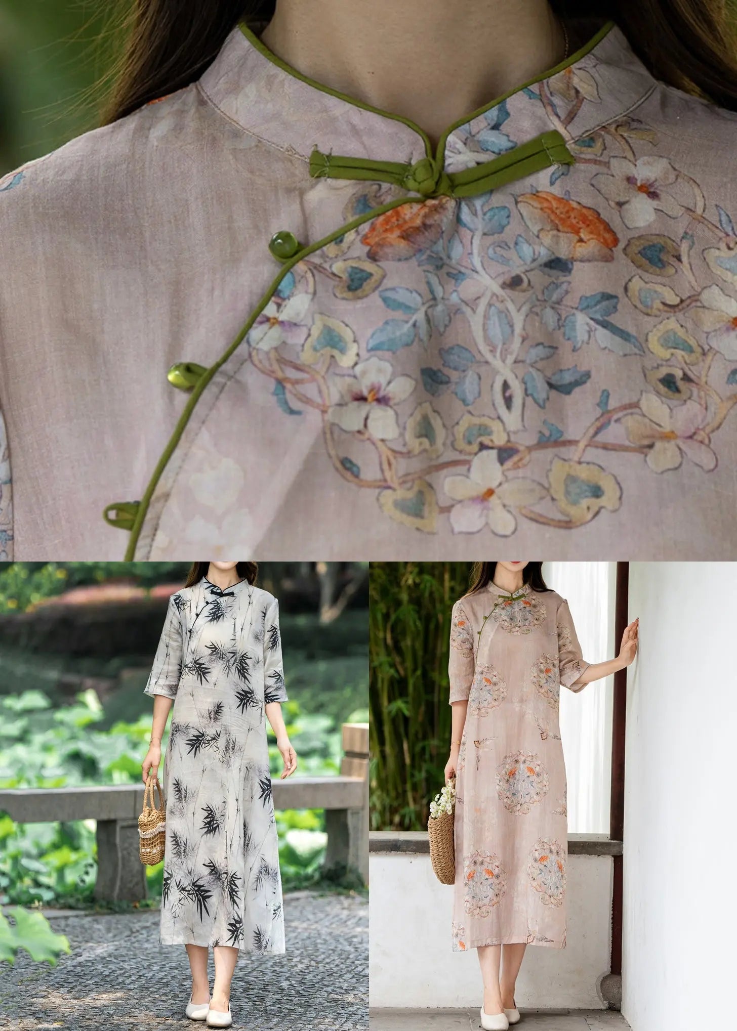 Pink linen long dresses with side open print, stand collar for summer CG1006.