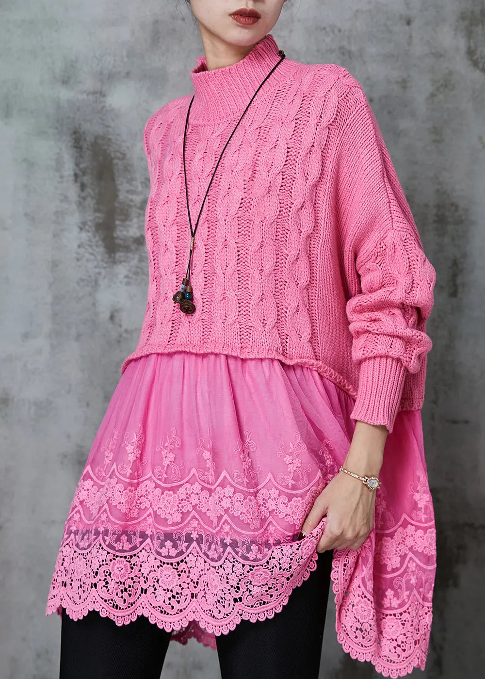 Pink Patchwork Knit Sweater - Oversized Long Spring JK1068